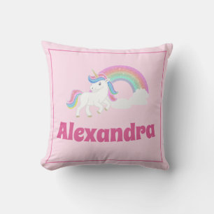 Glitter Rainbow and Unicorn with Name on Pink Cushion