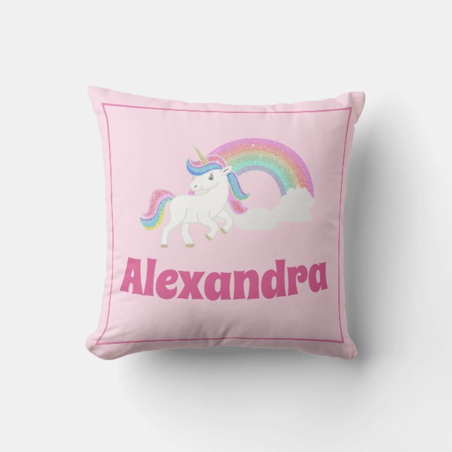 Glitter Rainbow and Unicorn with Name on Pink Cushion (Front)