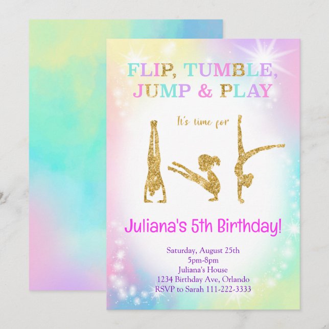 Glitter Rainbow Colourful Gymnastic Birthday Invit Invitation (Front/Back)
