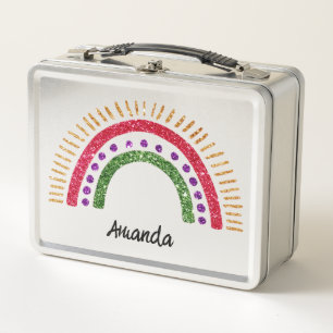 Glitter Rainbow Design Custom Name Personalised  Metal Lunch Box