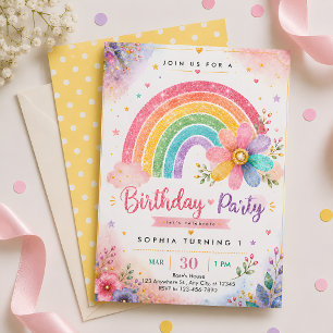 Glitter Rainbow First Birthday Invitation