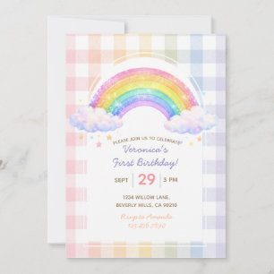 Glitter Rainbow Gingham First Birthday Invitation