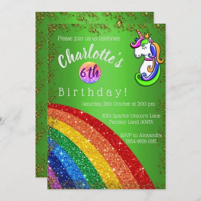 Glitter Rainbow Green Unicorn Birthday Invitation (Front/Back)
