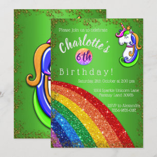 Glitter Rainbow Green Unicorn Birthday Invitation