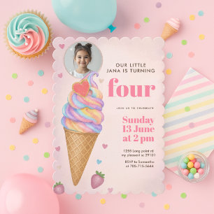 Glitter Rainbow Ice Cream Cone Photo Birthday  Invitation
