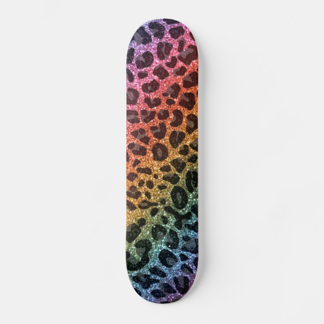 Glitter rainbow leopard print skateboard (Front)