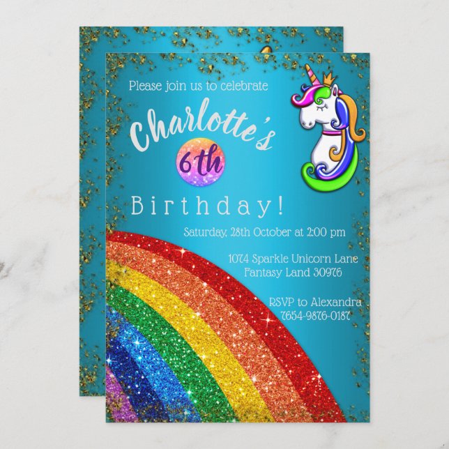 Glitter Rainbow Light Blue Unicorn Birthday Invitation (Front/Back)
