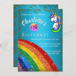 Glitter Rainbow Light Blue Unicorn Birthday Invitation