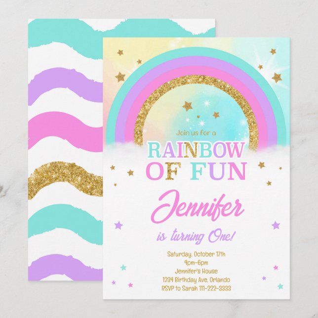 Glitter Rainbow Stars Birthday Invitation (Front/Back)