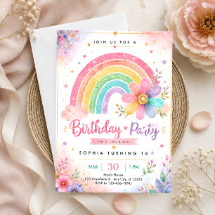 Glitter Rainbow Sweet 16 Birthday Invitation