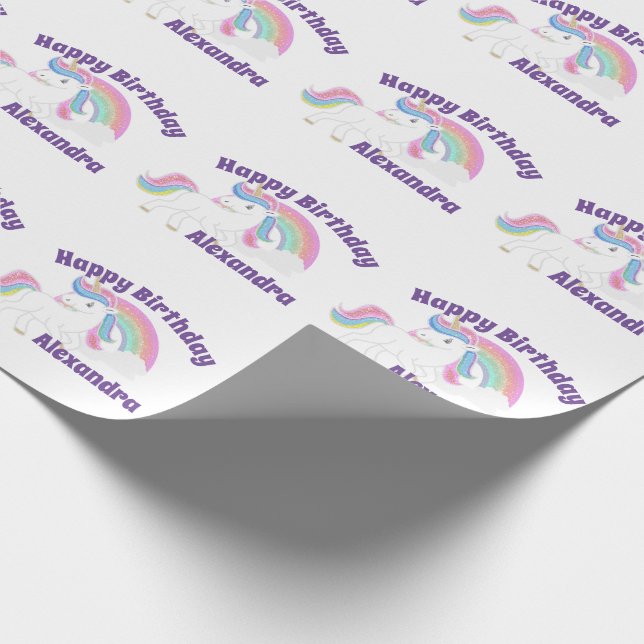 Glitter Rainbow Unicorn Birthday on White Wrapping Paper (Corner)