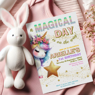 Glitter rainbow unicorn first birthday Invitation