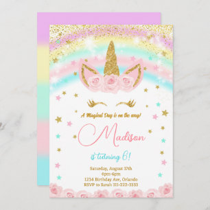 Glitter Rainbow Unicorn Kids Birthday Invitation