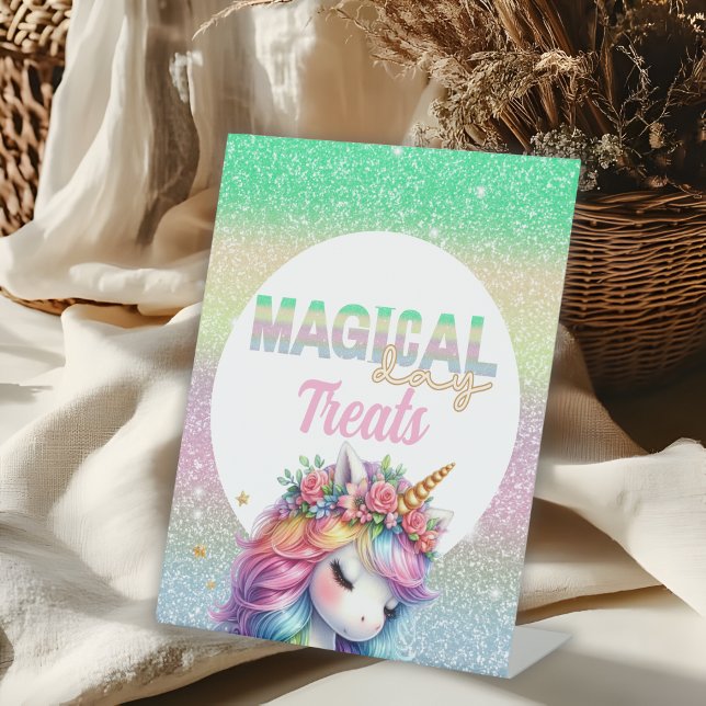 Glitter rainbow unicorn magical treats pedestal sign (Creator Uploaded)