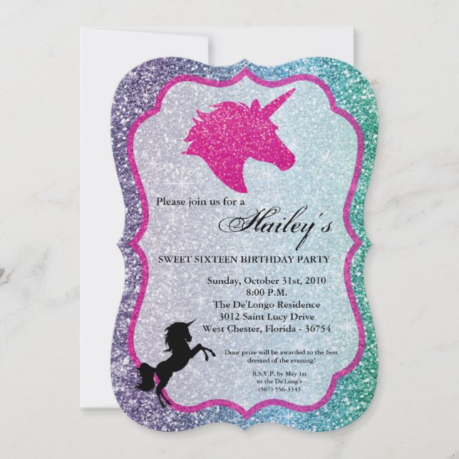 Glitter Rainbow Unicorn Sweet 16 Birthday Invite (Front)