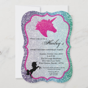 Glitter Rainbow Unicorn Sweet 16 Birthday Invite