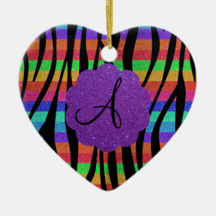 Glitter rainbow zebra stripes monograms ceramic tree decoration