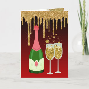 Glitter Red and Gold Champagne Christmas New Years Holiday Card