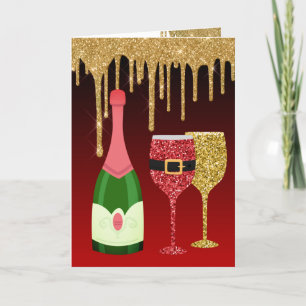 Glitter Red and Gold Champagne Glasses Christmas Holiday Card