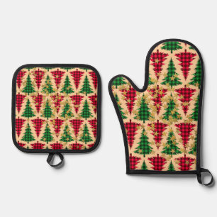 Glitter Red and Green Plaid Christmas Tree Oven Mitt & Pot Holder Set