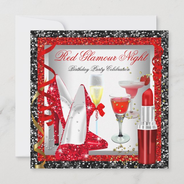Glitter Red Black Glamour Night Cocktails Party Invitation (Front)