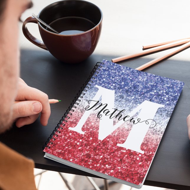 Glitter Red Blue White USA Monogram Name  Notebook (Creator Uploaded)