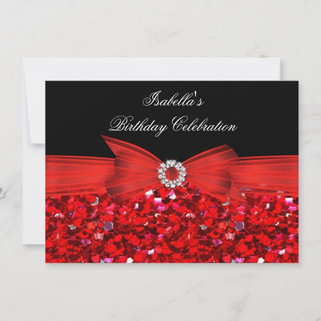 Glitter Red Diamond Bow Black Birthday Party Invitation (Front)