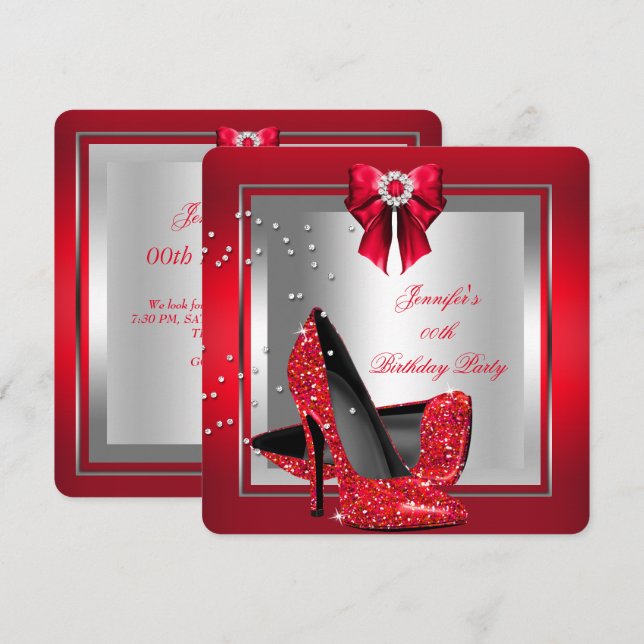Glitter Red High Heel Shoe Silver Birthday Party Invitation (Front/Back)