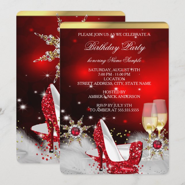 Glitter Red High Heel Shoes Silver Gold Champagne Invitation (Front/Back)