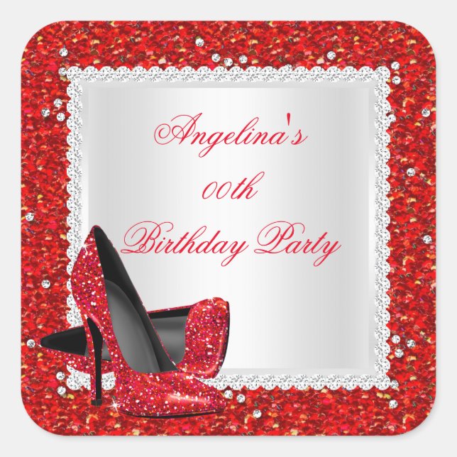 Glitter Red High Heels Birthday Party Diamond Square Sticker (Front)
