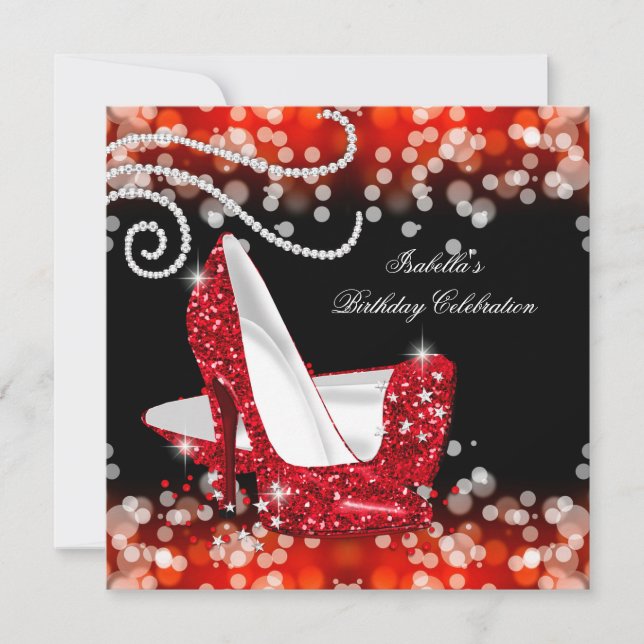 Glitter Red High Heels Diamonds Birthday Invitation (Front)