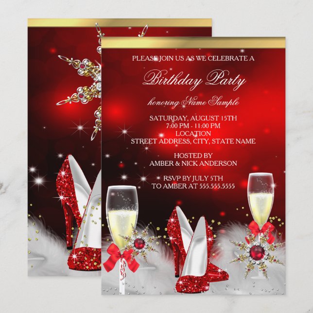Glitter Red High Heels Silver Gold Champagne Invitation (Front/Back)