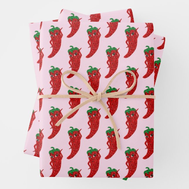 Glitter Red Hot Pepper Diva Pink Wrapping Paper Sheet (In situ)