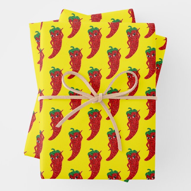 Glitter Red Hot Pepper Diva Yellow Wrapping Paper Sheet (In situ)