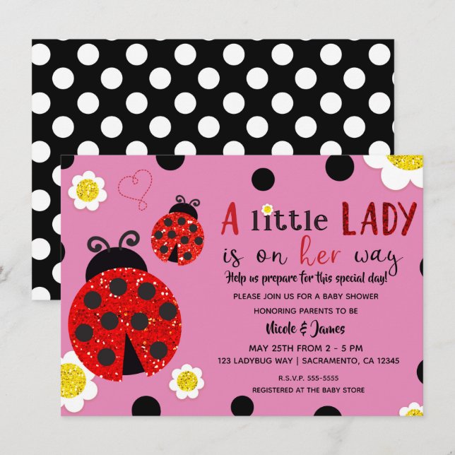 Glitter Red Ladybug Yellow Flowers Baby Shower Inv Invitation (Front/Back)