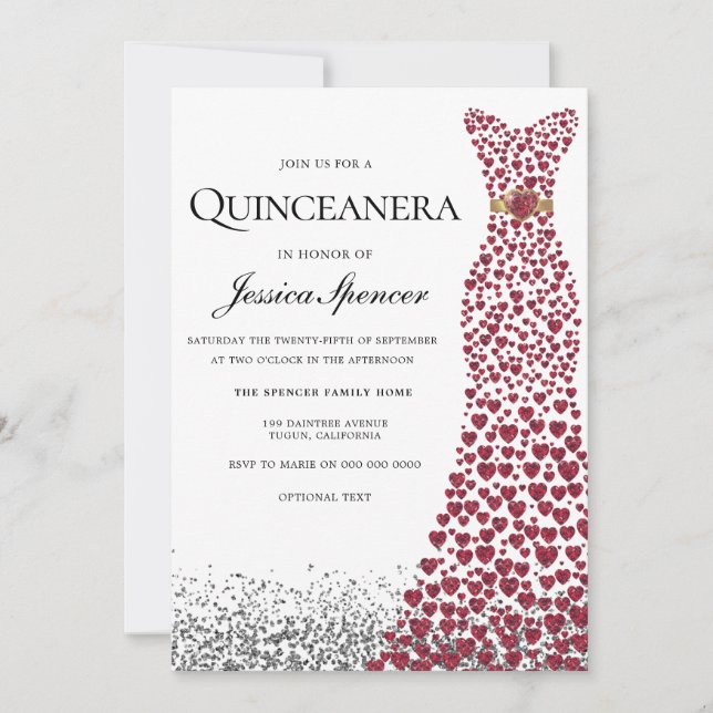 Glitter Red Love Heart Dress Quinceanera Invite (Front)