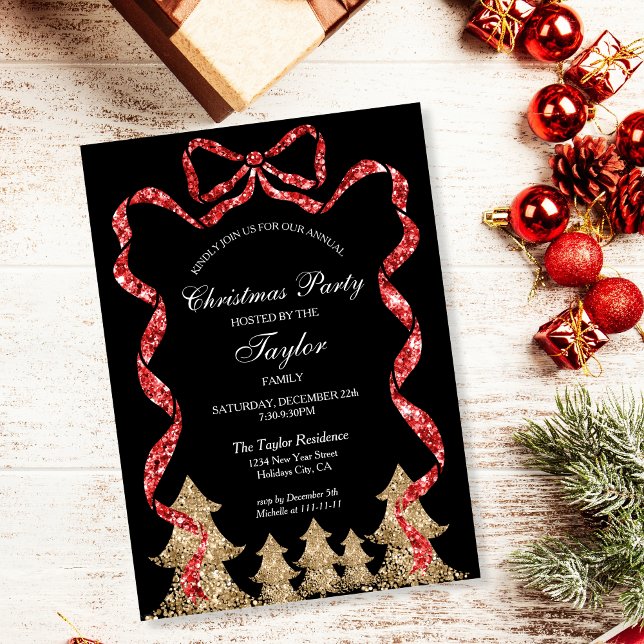 Glitter Red Ribbon Wreath Christmas Dinner Party Invitation (Creator Uploaded)