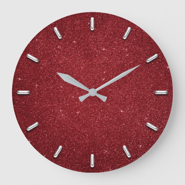 Glitter Red Ruby Silver Grey Metallic Wine Large Clock (Front)