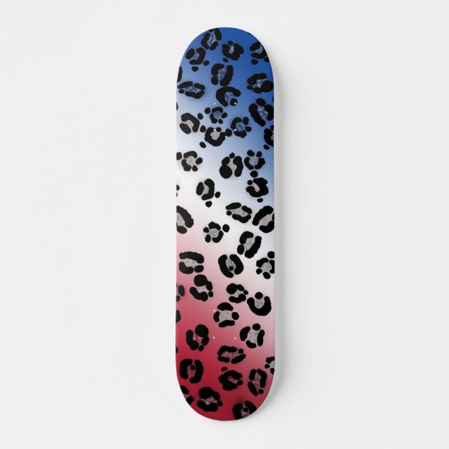 Glitter Red White and Blue Leopard Print Skateboard (Front)