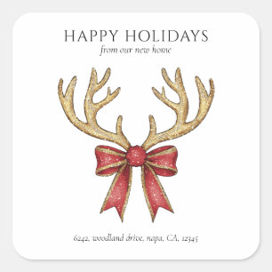 Glitter Reindeer Antlers New Home Custom Address Square Sticker