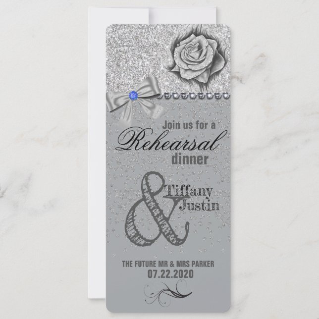 Glitter, Rose, Diamonds & Bow Rehearsal Dinner Invitation (Front)