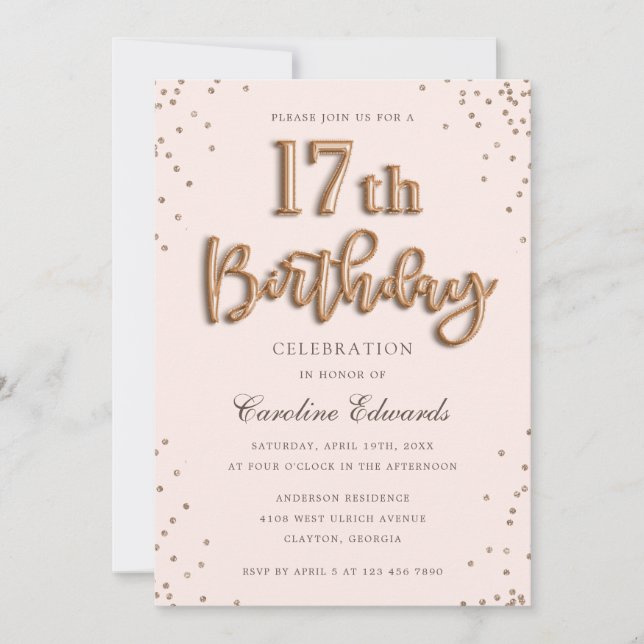 Glitter Rose Foil Balloons 17th Birthday Elegant Invitation (Front)