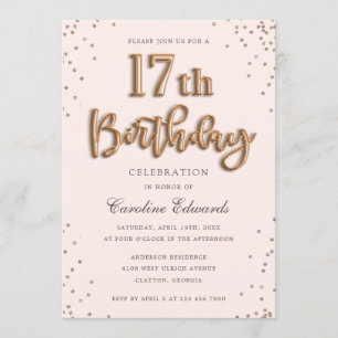 Glitter Rose Foil Balloons 17th Birthday Elegant Invitation