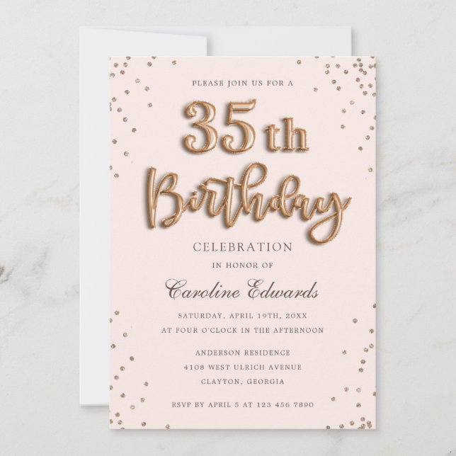 Glitter Rose Foil Balloons 35th Birthday Elegant Invitation (Front)