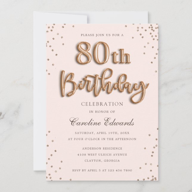 Glitter Rose Foil Balloons 80th Birthday Elegant Invitation (Front)