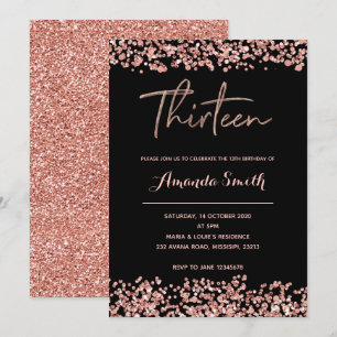 Glitter Rose gold 13th Birthday Invitation black