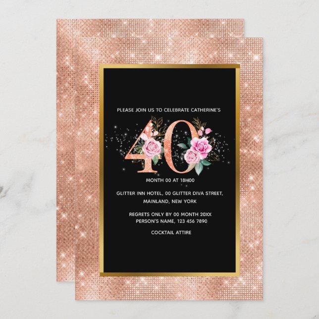 Glitter rose gold 40th birthday confetti party invitation (Front/Back)