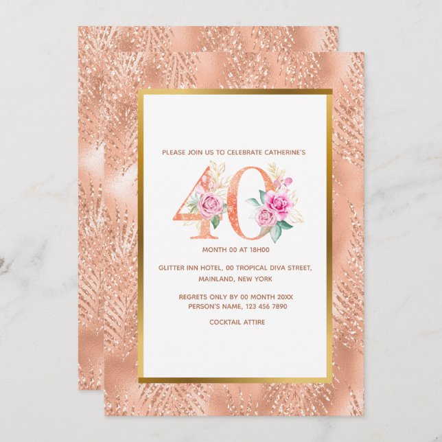 Glitter rose gold 40th birthday confetti tropical invitation (Front/Back)