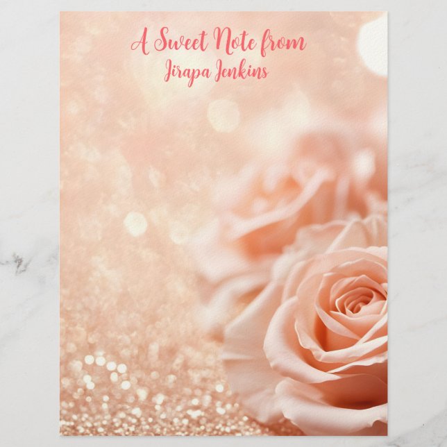 Glitter Rose Gold Background and Rose Gold Roses  Custom Letterhead (Front)