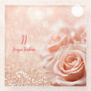 Glitter Rose Gold Background and Rose Gold Roses Glass Coaster